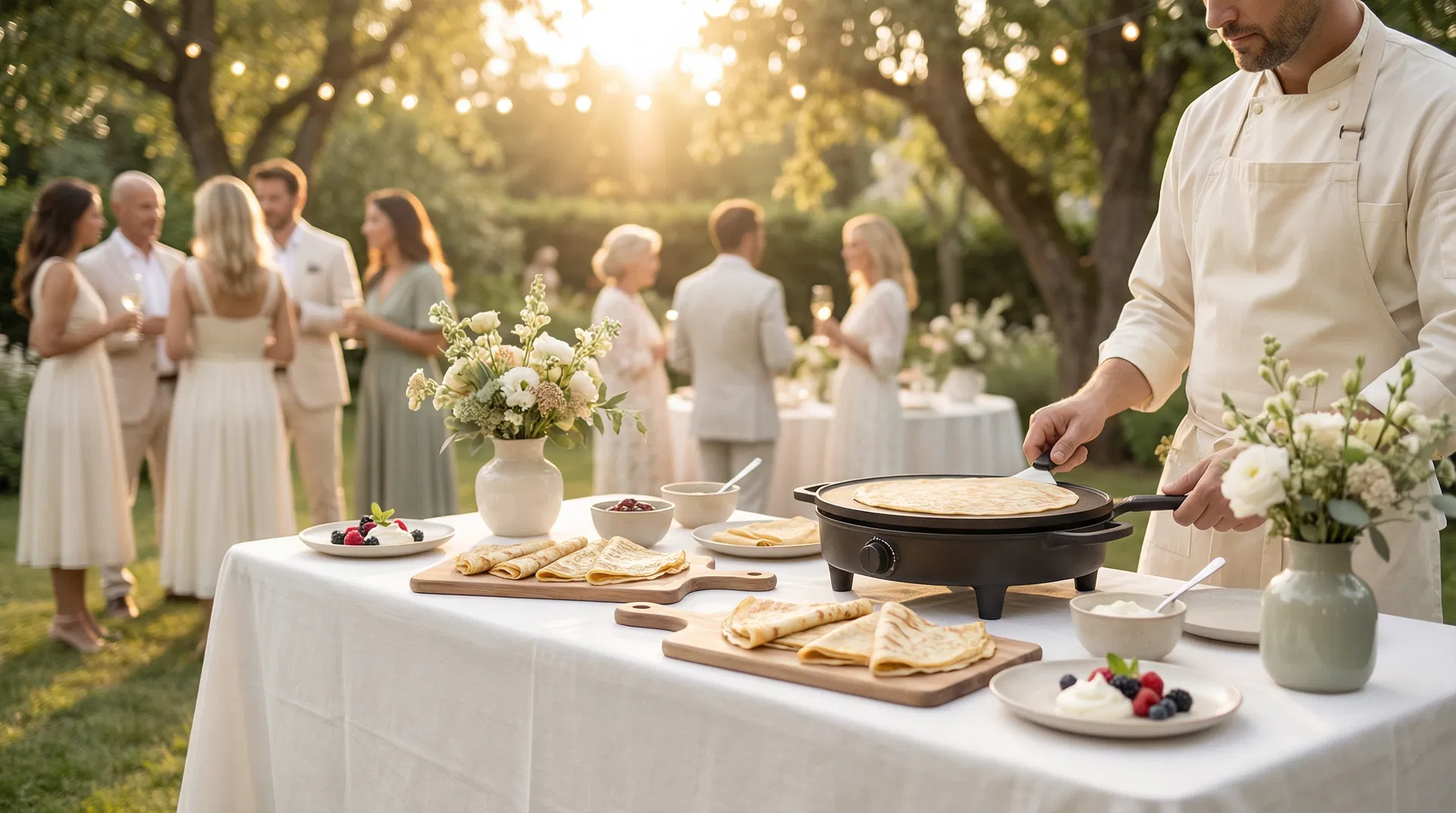 Whisper & Cream live crêpe catering station at a wedding in Johns Creek GA